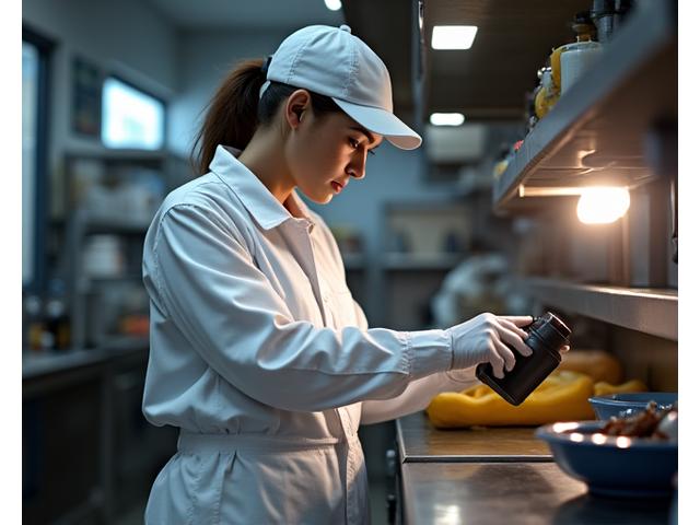 Pest control technician inspecting a commercial kitchen.